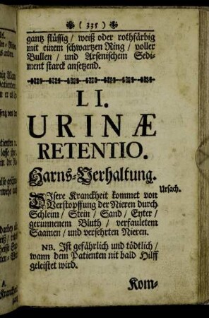 LI. Urinæ Retentio. Harns-Verhaltung. - LII. Urinæ Incontinentia. Harn-Lauff.