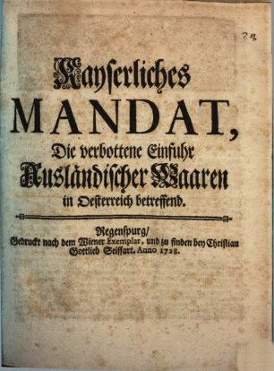 Kayserliches Mandat, Die verbottene Einfuhr Ausländischer Waaren in Oesterreich betreffend