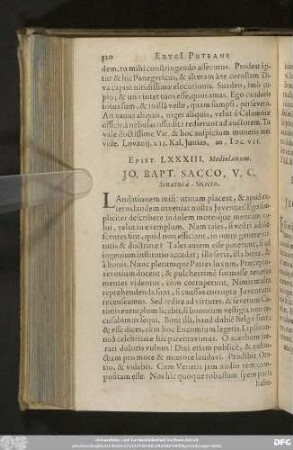 Epist. LXXXIII. Mediolanum. Io. Bapt. Sacco, V. C. Senatui à Secretis.