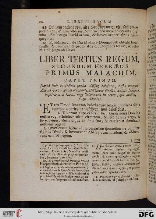 Liber tertius regum, secundum Hebraeos primus Malachim