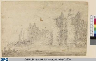 Häuserzeile mit Torturm am Fluß