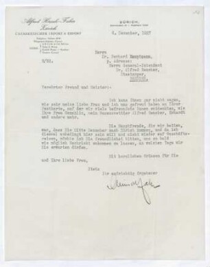 Brief von Alfred Hirsch von Alfred Hirsch-Faber  an Gerhart Hauptmann