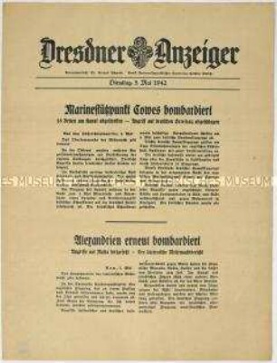 Nachrichtenblatt "Dresdner Anzeiger" mit Meldungen des Oberkommandos der Wehrmacht und des italienischen Oberkommandos u.a. zu Luftangriffen auf den britischen Marinestützpunkt Cowes