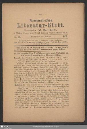[Jg.18.]1896/97=Nr.96/101: Numismatisches Literaturblatt