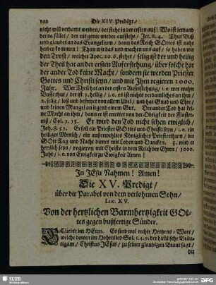 Die XV. Predigt, über die Parabol von dem verlohrnen Sohn, Luc. XV.