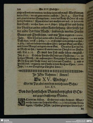Die XV. Predigt, über die Parabol von dem verlohrnen Sohn, Luc. XV.