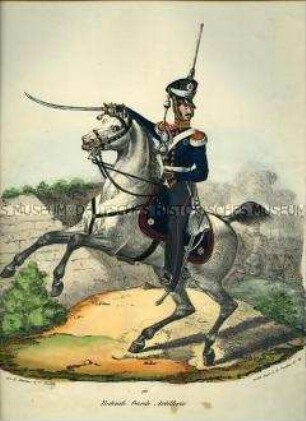 Uniformdarstellung, Offizier der Reitenden Garde-Artillerie zu Pferd, Preußen 1830. Aus: Elzholz u.a.: Das Preussische Heer. Tafel 16.