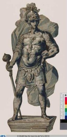 Ein römischer Krieger mit wehendem Mantel, auf einem Steinsockel stehend