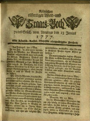 Kölnischer eilfertiger Welt- und Staats-Both. 1777-1777