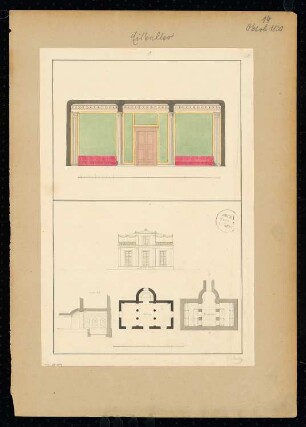 Eiskeller Monatskonkurrenz Oktober 1830: Grundriss Keller, Erdgeschoss, Aufriss Vorderansicht, Innenwanddekoration, Querschnitt; 2 Maßstabsleisten