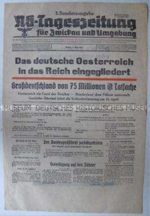 Sonderausgabe der "NS-Tageszeitung für Zwickau und Umgebung" zur Einglierung Österreichs in das Deutsche Reich