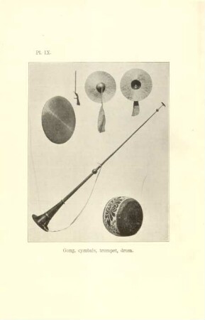 Pl. IX. Gong, cymbals, trumpet, drum