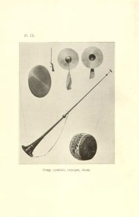 Pl. IX. Gong, cymbals, trumpet, drum