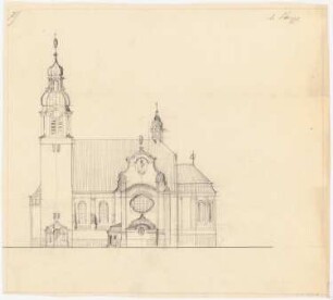 Kirche und Pfarrhaus, Miechowitz: Seitenansicht Skizze