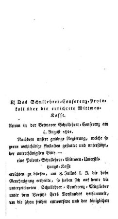 Das Schullehrer-Conferenz-Protokoll über die errichtete Wittwen-Kasse