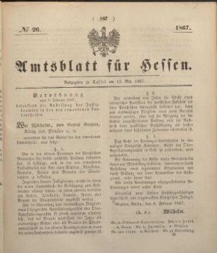 № 26. Ausgegeben zu Cassel am 13. Mai 1867.
