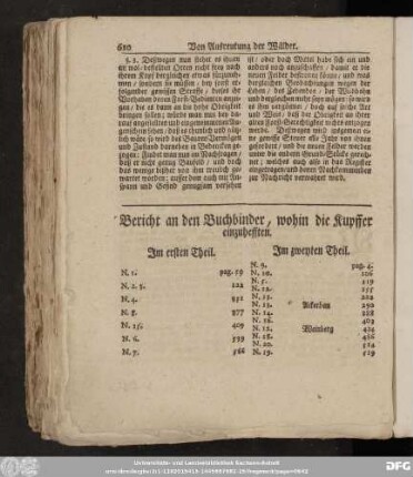 Bericht an den Buchbinder, wohin die Kupffer einzuhefften.