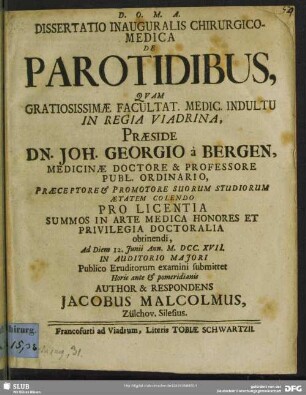 Dissertatio Inauguralis Chirurgico-Medica De Parotidibus