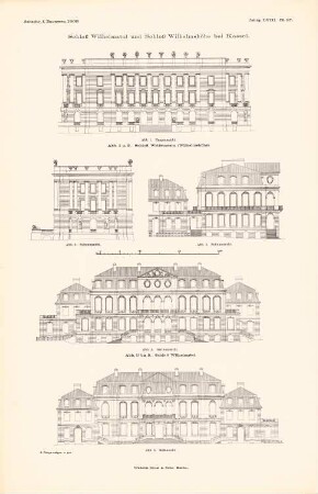 Schloss Wilhelmstal, Kassel. Schloss Wilhelmshöhe, Kassel: Ansicht von der Hauptseite, Seitenansicht Wilhelmshöhe, Ansicht von der Gartenseite, Ansicht von der Hofseite, Seitenansicht Wilhelmstal (aus: Atlas zur Zeitschrift für Bauwesen, hrsg. v. Ministerium der öffentlichen Arbeiten, Jg. 58, 1908)