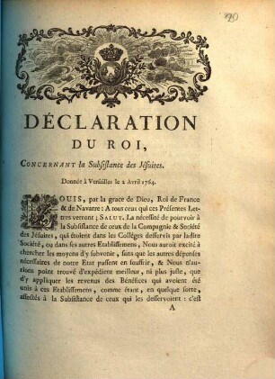 Déclaration Du Roi, Concernant la Subsistance des Jésuites : Donnée à Versailles le 2 Avril 1764.