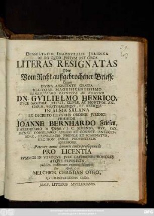 Dissertatio Inavgvralis Jvridica De Eo Qvod Jvstvm Est Circa Literas Resignatas