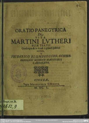 Oratio panegyrica de vita Martini Lutheri