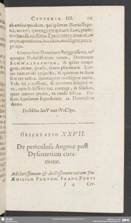 Observatio XXVII. De periculosa Anginae, post Dysenteriam curatione