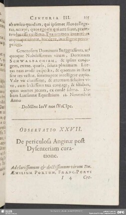Observatio XXVII. De periculosa Anginae, post Dysenteriam curatione