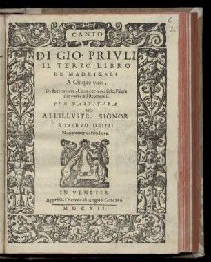 Giovanni Priuli: Il terzo libro de madrigali a cinque voci ... Canto