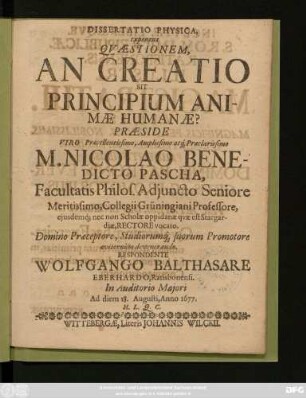 Dissertatio Physica, exponens Quaestionem, An Creatio Sit Principium Animae Humanae?