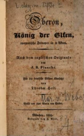 Oberon, König der Elfen : romantische Feenoper in 3 Akten