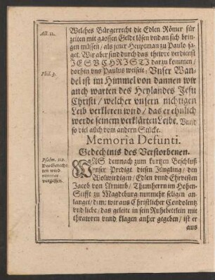 Memoria Defuncti. = Gedechtnis des Verstorbenen.