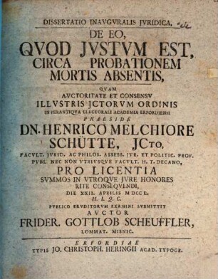 Diss. inaug. iur. de eo quod iustum est circa probationem mortis absentis