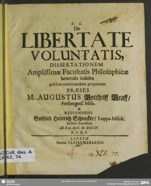 De Libertate Voluntatis Dissertationem ...
