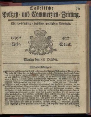 40tes Stueck, Montag den 5ten October 1795