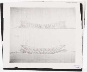 Stadion Oberwiesenfeld, München: Mappe. Außenansicht Süd, Schnitt West-Ost, Innenansicht Nord (Anzeigetafel)