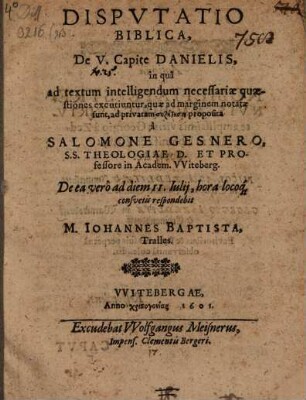 Disp. bibl. de V. capite Danielis : in qua ad textum intelligendum necessariae quaestiones excutiuntur, quae ad marginem notatae sunt