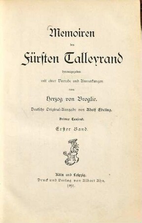 Memoiren des Fürsten Talleyrand, 1
