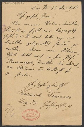 Brief an B. Schott's Söhne : 31.05.1916