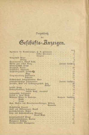 Verzeichniß der Geschäfts-Anzeigen