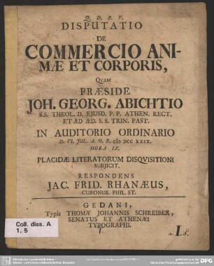 Disputatio De Commercio Animae Et Corporis