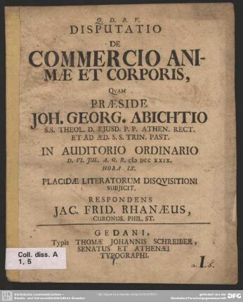 Disputatio De Commercio Animae Et Corporis
