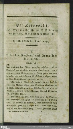 1.1797,4: Der Kosmopolit : eine Monathsschrift zur Beförderung wahrer u. allgemeiner Humanität