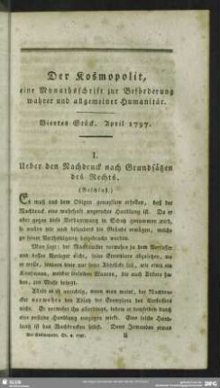 1.1797,4: Der Kosmopolit : eine Monathsschrift zur Beförderung wahrer u. allgemeiner Humanität