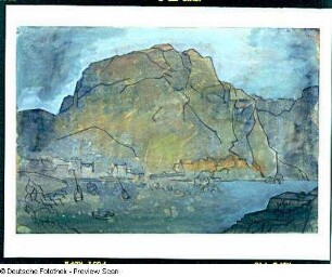 Konstruktiver See mit Booten vor Häusern und Zentralberg (Schottland)