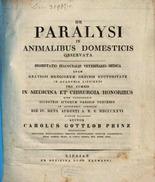 De paralysi in animalibus domesticis observata : dissertatio inauguralis veterinario- medica