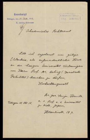 Gesuch Tomitas um die Zulassung zu bestimmten Vorlesungen als Gasthörer