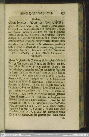 XLIX. Eben desselben Schreiben vom 5 Mertz, Herrn Römers Brief, D. Jägwitz Suchen wegen Compostion des Bernoullischen Phosphori, ...
