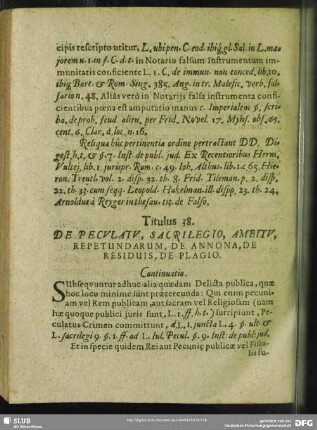 Titulus 38. De Peculatu, Sacrilegio, Ambitu, Repetundarum, De Annona, De Residuis, De Plagio