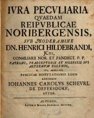 Ivra Pecvliaria Qvaedam Reipvblicae Noribergensis